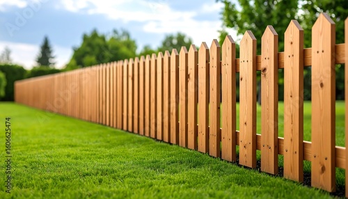 Wooden fence bordering a lush green lawn with trees under a bright sky
