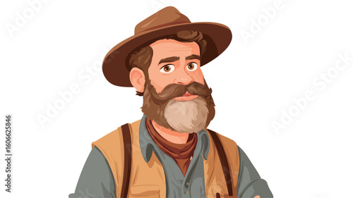 A digital cartoon illustration depicting a close-up portrait of a bearded man. He is wearing a brown explorer's hat, a gray shirt, and a tan vest with suspenders. A neck scarf is visible.