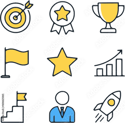 a dynamic and modern set of outline icons with yellow accents, various concepts of business success, goals, and achievement, conveying an ambitious and triumphant mood