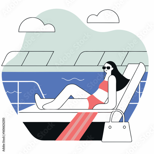 Woman sunbathing on lounge chair by pool on cruise vacation  