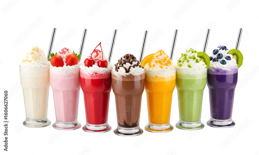 Vanilla milkshake with strawberries, cherries, chocolate, orange, kiwi, and blueberries on a white background. Vanilla milkshake with strawberries, cherries, chocolate, orange, kiwi, and blueberries on a white background.
