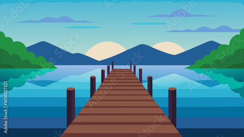 Rustic Wooden Pier On Lake Serene Morning Tranquil Landscape