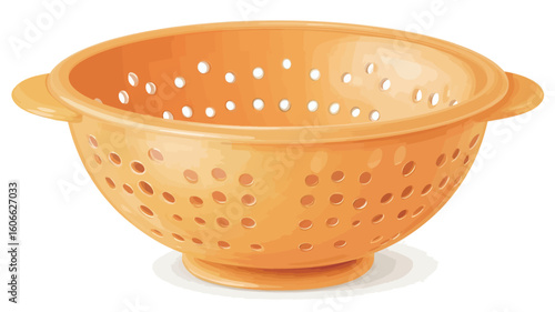 A high-angle, full shot of a small, orange plastic colander. The colander is bowl-shaped with two small handles on either side.  It has numerous small, evenly spaced holes throughout its body for