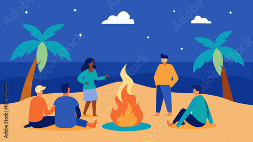 Cozy Beach Bonfire With Friends Gathered Around Social Fun Evening