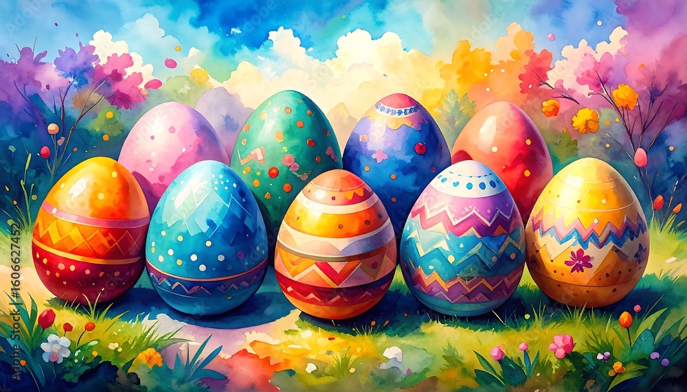 Fototapeta premium Colorful Easter eggs in a garden setting