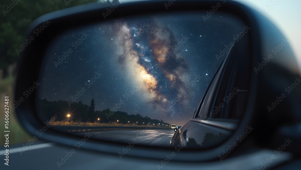 Inverted galaxy reflection in car mirror. Ultra realistic space imagery. Stunning cosmic views in vehicle mirrors. Unique astrophotography art styles. Inverted galaxy reflection in car mirror. Ultra realistic space imagery. Stunning cosmic views in vehicle mirrors. Unique astrophotography art styles.