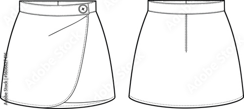 Women's wrap mini skirt flat sketch, front and back views, A-line silhouette, button closure, customizable template, fashion design, casual apparel, summer style.
