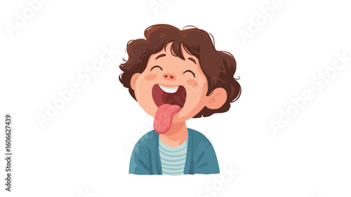 Digital illustration of a young boy with short, curly brown hair. The boy's face is the main focus, with his mouth open and tongue sticking out.  His expression is one of playful mischief.