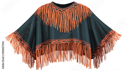 Close-up studio shot of a teal poncho with orange fringe and embroidered details. The poncho is displayed on a plain white background. The texture of the suede-like fabric is visible, as are the