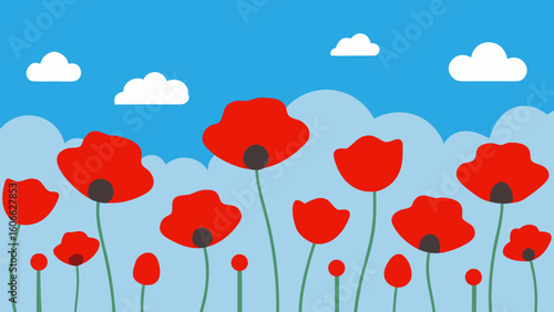 Vivid Field Brilliant Red Poppies Under Cloudy Sky Dramatic Scene