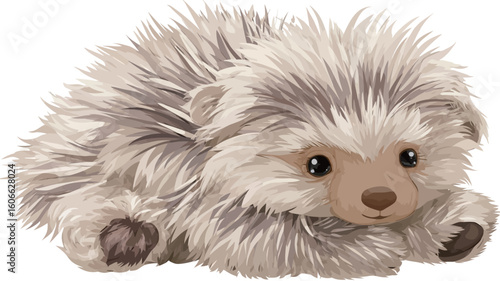 Digital illustration of a cartoon hedgehog. The hedgehog is depicted in a lying down position. Its fur is primarily light brown and grey, with a fluffy texture.  The eyes are large and dark