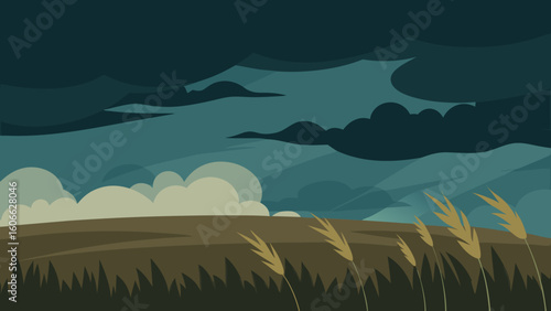 Vast Grassland Prairie Under Stormy Sky Dramatic Weather Atmosphere