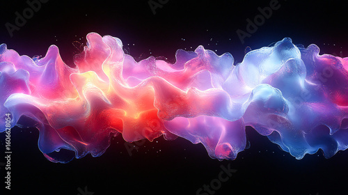 A dynamic 3D rendering of an abstract fluid holographic wave in neon hues, set against a dark backdrop. Offers a gradient design suitable for banners, backgrounds, wallpapers, and covers