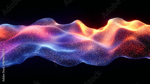 A dynamic 3D rendering of an abstract fluid holographic wave in neon hues, set against a dark backdrop. Offers a gradient design suitable for banners, backgrounds, wallpapers, and covers