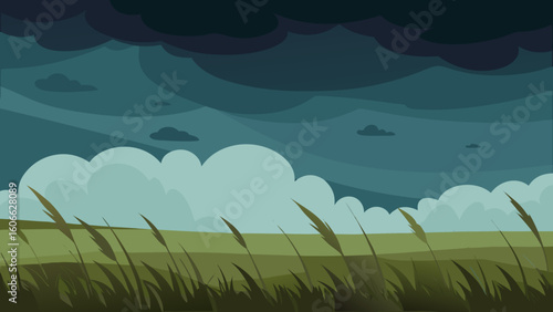 Expansive Grassland Prairie Under Stormy Sky Dramatic Weather Scene
