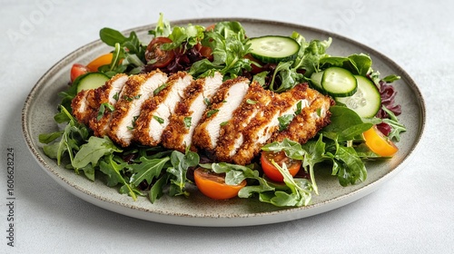 Crispy chicken breast slices served over a mixed greens salad.