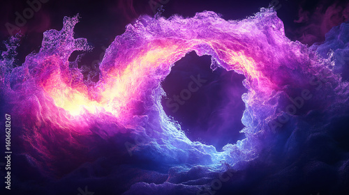 A dynamic 3D rendering of an abstract fluid holographic wave in neon hues, set against a dark backdrop. Offers a gradient design suitable for banners, backgrounds, wallpapers, and covers