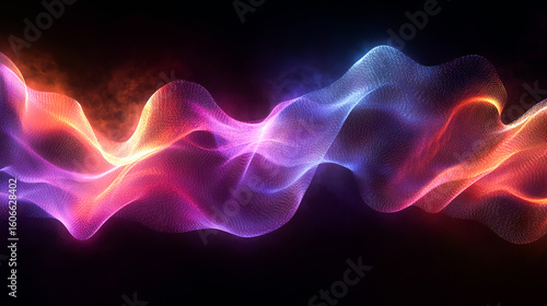 A dynamic 3D rendering of an abstract fluid holographic wave in neon hues, set against a dark backdrop. Offers a gradient design suitable for banners, backgrounds, wallpapers, and covers