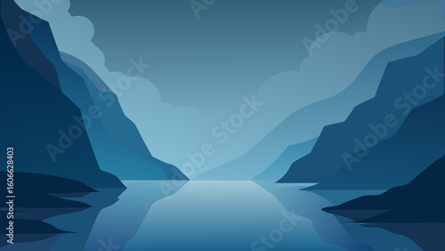 Gaze upon a serene mist shrouded fjord its still dark water