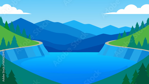 Observe a serene reservoir its calm deep blue water held by mountains