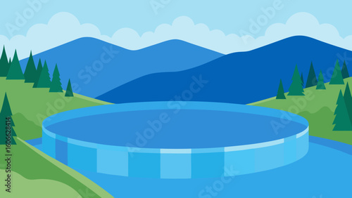 Explore a serene reservoir its calm deep blue water held by mountains