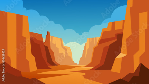 Explore a sun baked canyon floor with sparse vegetation and red rock