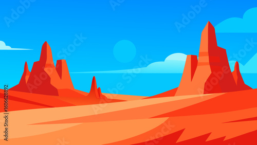 Gaze upon a sweeping desert landscape under the intense midday sun