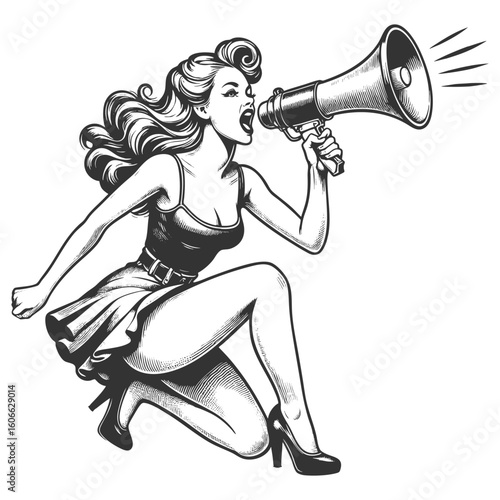 dynamic woman kneeling while shouting through a megaphone, expressing urgency and empowerment sketch engraving generative ai fictional character vector illustration. Scratch board. Black and white.