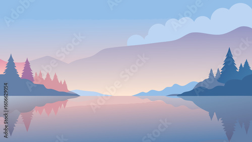 Experience a tranquil lakeside at dawn the water a perfect mirror