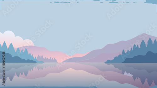 Observe a tranquil lakeside at dawn the water a perfect mirror