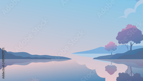 Gaze upon a tranquil lakeside at dawn the water a perfect mirror