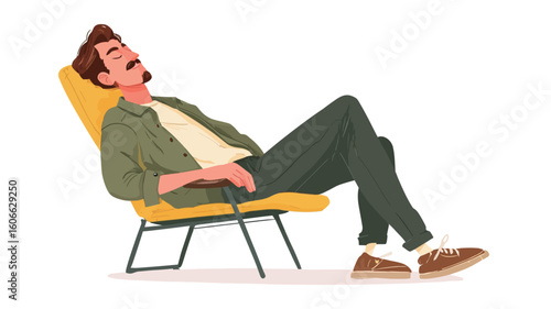 A vector illustration depicting a man with brown hair and a mustache reclining in a yellow armchair.  The man is depicted in a relaxed, almost sleeping pose. 