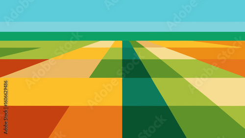 Observe a vast flat agricultural plain divided into a patterned mosaic