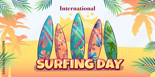 international surfing day, banner with surf board with surf on the sea beach.