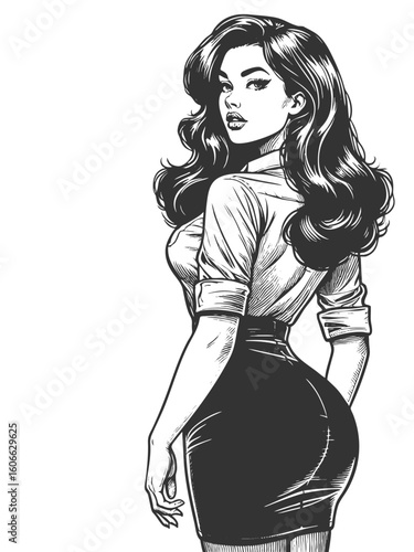 confident woman with long wavy hair, turning back in a form-fitting blouse and pencil skirt sketch engraving generative ai fictional character vector illustration. Scratch board. Black and white image