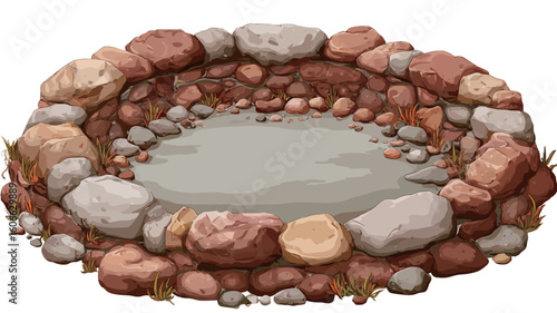 Digital illustration depicting a circular stone structure resembling a fire pit or ancient foundation.  The structure is composed of various sized, irregularly shaped stones in shades of brown,