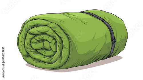 A digital illustration of a rolled-up sleeping bag. The sleeping bag is lime green and appears to be made of a soft, plush material. It is tightly rolled and secured with a zipper or closure.