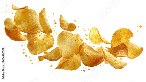 Crispy potato chips a close-up of delicious indoor food photography. Isolated on transparent background, png.