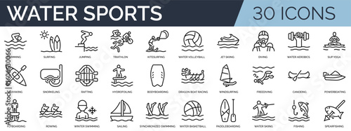 Set of 30 outline icons related to water sports. Linear icon collection. Editable stroke. Vector illustration