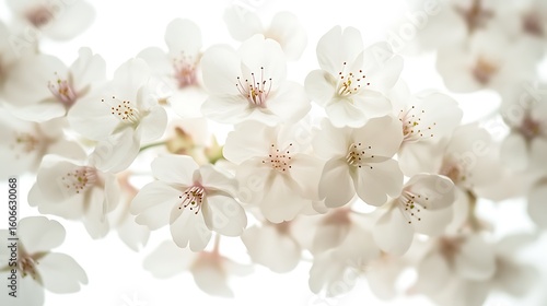 Soft blossoms closeup of delicate white cherry flowers on a pure white background