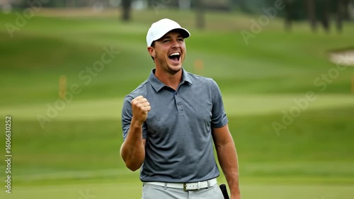 Ecstatic male golfer clenching his fist and shouting in celebration on golf course. Concept of winning, success, and peak performance in sports. For championship or motivational banner.