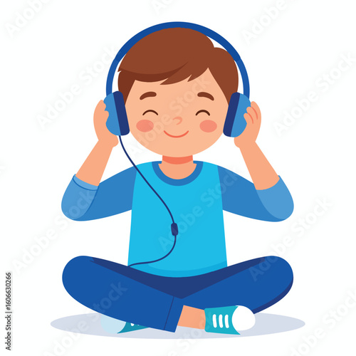 A boy with brown hair sits cross-legged, eyes closed, listening to music with blue headphones.