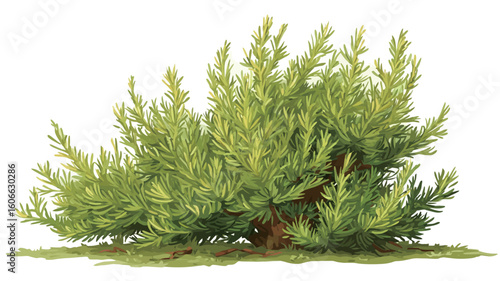 A digital illustration or digitally enhanced photograph of a lush, green shrub. The shrub is densely foliated with bright green, needle-like leaves. It appears healthy and vibrant.