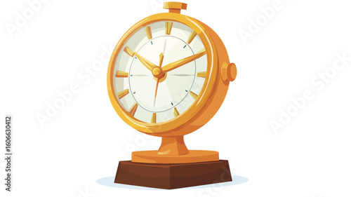 A digital illustration of a vintage-style desk clock. The clock is gold-colored with a round face, Roman numerals, and visible hands. It sits on a small, dark brown base. The style is cartoonish or