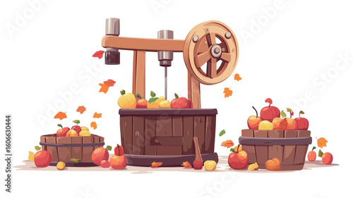 A digital illustration depicting a stylized wooden apple cider press. The press is shown with a wooden wheel and a hopper filled with apples.  Two wooden barrels overflowing with apples are
