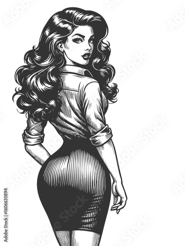 confident woman with long wavy hair, turning back in a form-fitting blouse and pencil skirt sketch engraving generative ai fictional character vector illustration. Scratch board. Black and white image