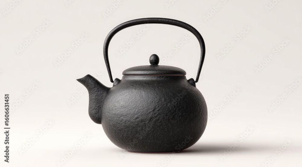 A matte black, round teapot with a curved handle and lid sits on a white background. Its slightly textured surface suggests a rustic or handmade quality A matte black, round teapot with a curved handle and lid sits on a white background. Its slightly textured surface suggests a rustic or handmade quality