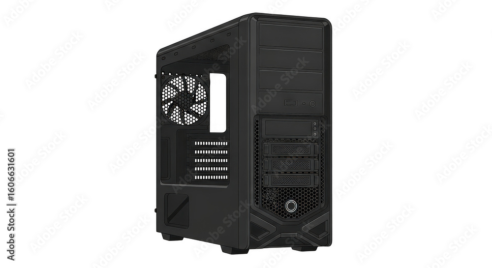 Obraz premium Black computer tower case isolated on transparent background