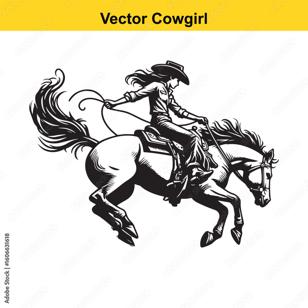 Obraz premium Cowgirl & Racing Horse – Vector Line Art.