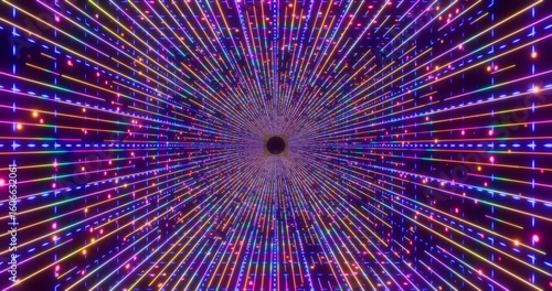 Futuristic glowing neon rays background. Shining geometric rainbow lines and grid inside tube in perspective. Bright retro digital cyberspace. 3D rendering.